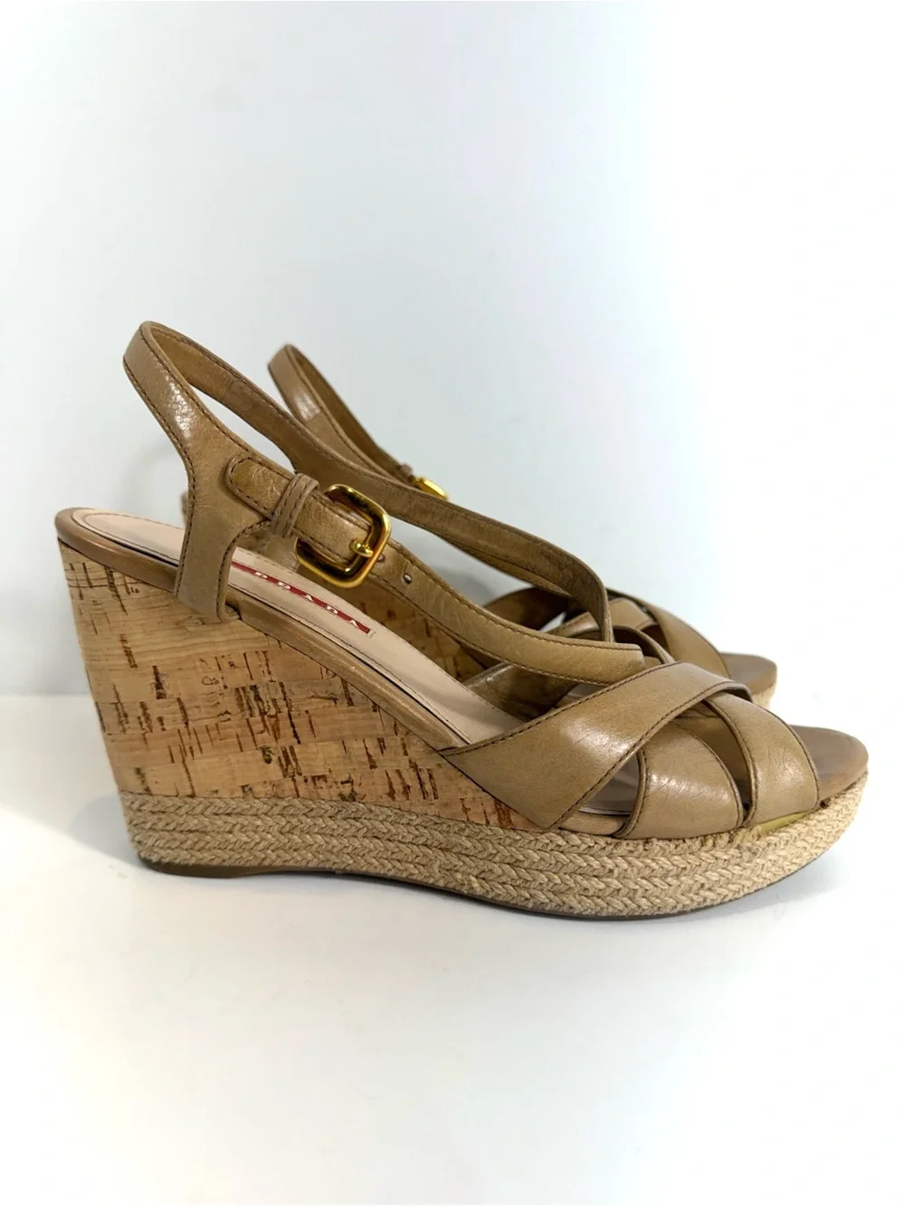 Prada Leather Cork Espadrille Wedge Sandals EU 39 US 9 Tan Slingback Italy